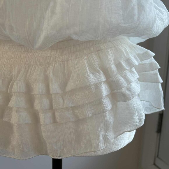 Sheer Ruffle White Peasant Blouse with Beaded Lace Applique - Smocked Hem – US M - Picture 7 of 9